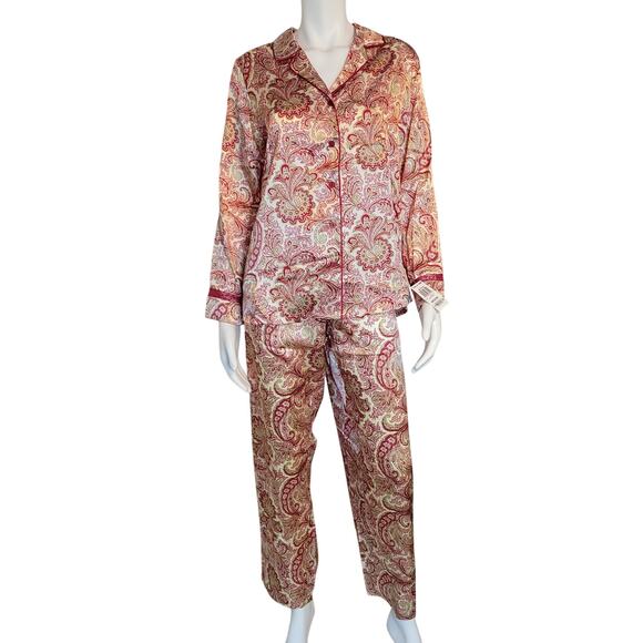 Thalia Sodi Satin Pajama Set Size M Golden Scroll Paisley Red Long Sleeve NWT - Picture 1 of 12